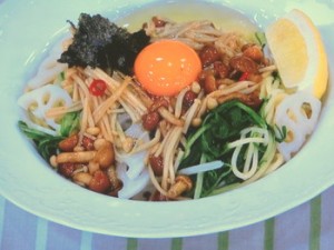 きのこの釜玉パスタ