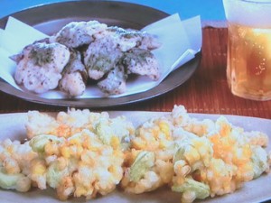 そら豆ととうもろこしのかき揚げ&鶏ささ身の青じそ揚げ