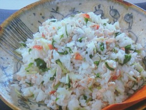 豚しゃぶと梅と水菜の混ぜご飯