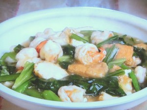 小松菜、厚揚げ、えびの中華うま煮