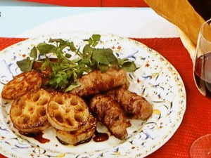 れんこんと豚肉ロールの蒸し焼き